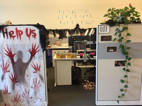 Stranger Things inspired office cube decoration with alphabets and Christmas lights