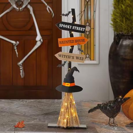 Lighted Wooden Witch's Broom Porch Décor
