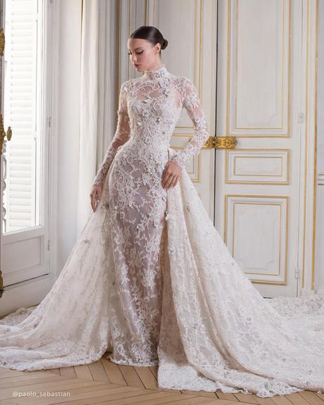 wedding dress necklines high neck with long sleeves vintage overskirt paolo sebastian