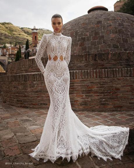 wedding dress necklines high neck with long sleeves lace lior charchy