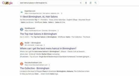 SERP results for best haircut places Birmingham AL