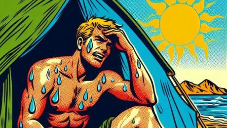 A camper sweating in a hot tent A camper sweating in a hot tent