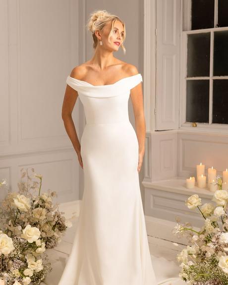 wedding dress fabrics simple chiffon sheath off the shoulder truebride