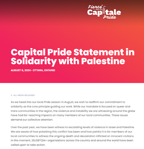 Capital Pride Ottawa pro-Palestinian statement