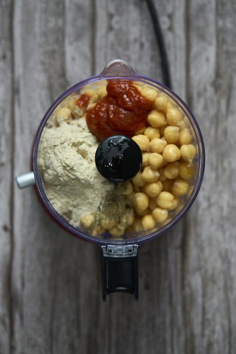 Vegan chickpea nugget ingredients in a food processor