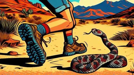 A hiker about to step on a desert rattlesnake