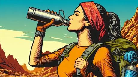 A hiker in the desert drinking water from a reusable container