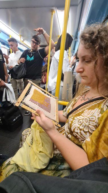 Brick stitch embroidered needle roll: embroiderying during the commute to work