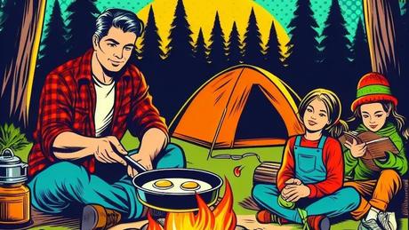 A family eating a simple, healthy breakfast at camp