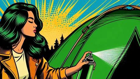 A camper waterproofing their tent A camper waterproofing their tent