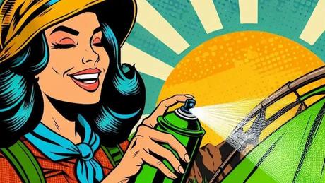 A woman camper waterproofing her tent A woman camper waterproofing her tent