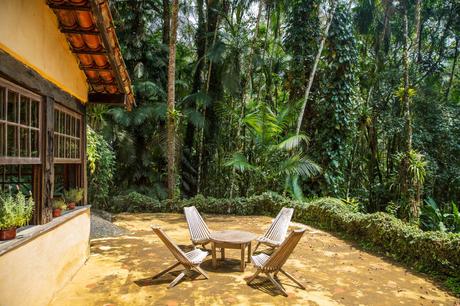 A patio set with four wooden chairs around a circular table, placed on a sunlit terrace amidst a lush forest.