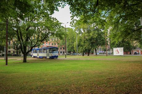 A blue tram moves along tracks set in a grassy park area, with surrounding trees and a background of classic city buildings.