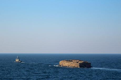 A view of a vast open sea with a small tugboat towing a large, flat barge laden with wooden logs, both sailing under a clear blue sky.