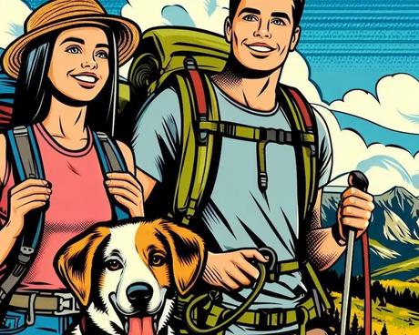 A couple hiking with their dog