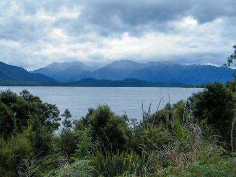 A lush, green forested area by a large lake, with a backdrop of mist-covered mountains under a cloudy sky.