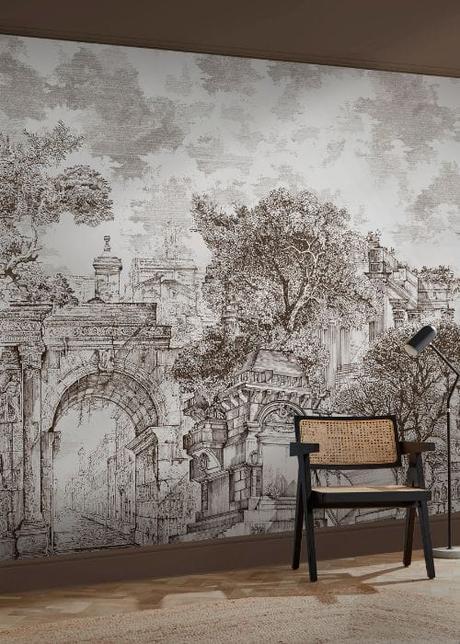 Rivington Folly wallpaper with a wooden chair