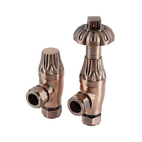 Milano Windsor - Antique Copper Thermostatic Antique Style Angled Radiator Valves (Pair) cut out