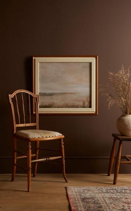 Elderton colour of the year 2025 wall paint with a picture frame and wooden chair