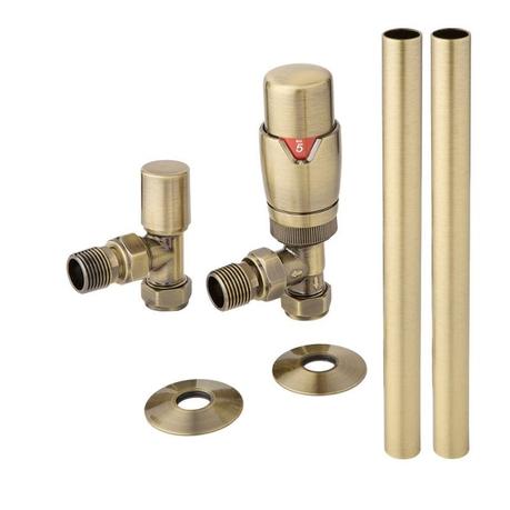 Milano - Modern Thermostatic Angled Radiator Valve and Pipe Set - Brushed Gold cut out