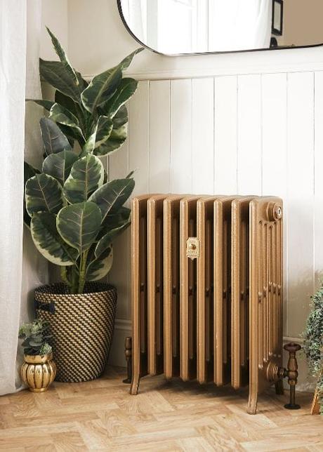 gold cast iron radiator next to a plant