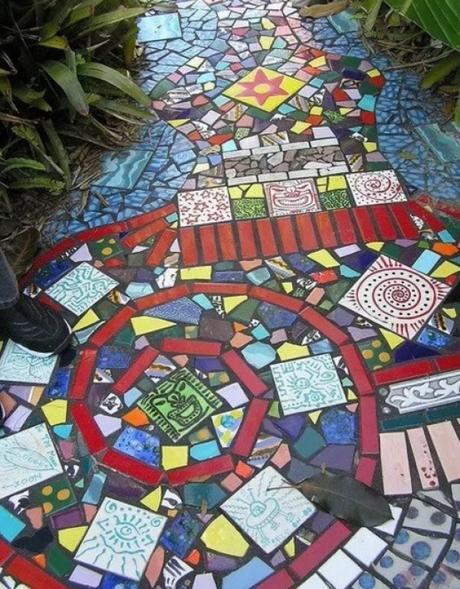 Garden path made of mosaic tiles