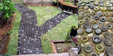 Garden path made of old bottles