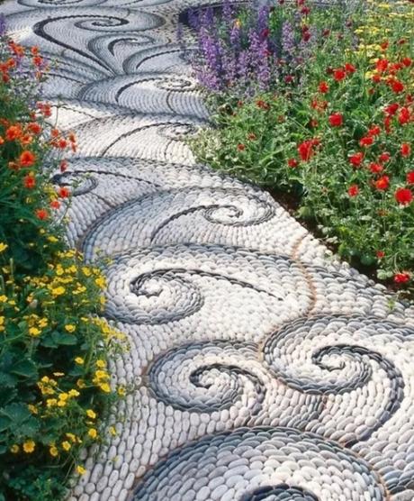 Garden path made of mosaic pebbles