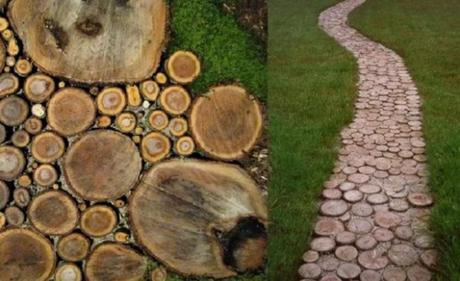 Garden path made of sliced wood