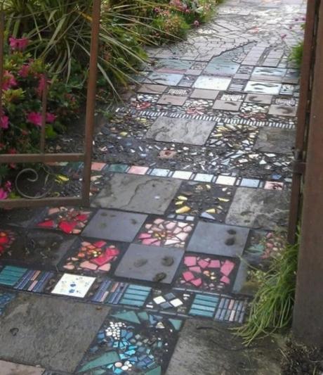 Garden path made of broken tiles