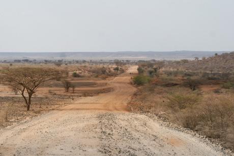 A dusty, winding road leading into a distant horizon, flanked by acacia trees and dry, rocky terrain under a hazy sky.