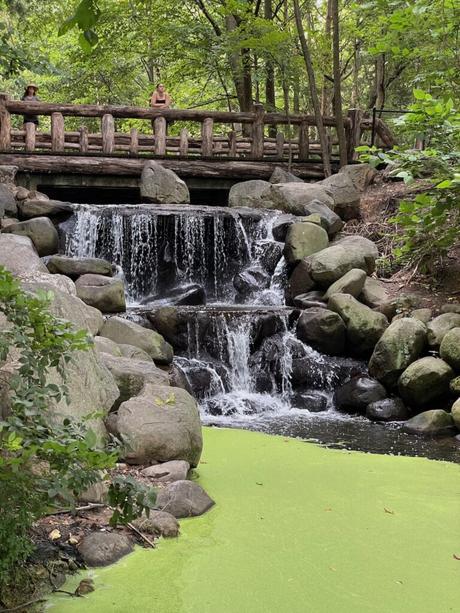 A small waterfall surrounded by large rocks, with a wooden footbridge overhead, located in Prospect Park.