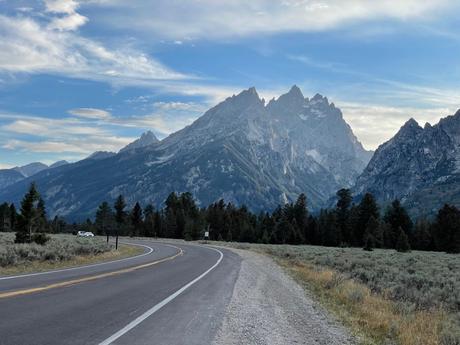 A winding road curves toward the Grand Tetons, framed by sagebrush and trees in the foreground and the towering mountains behind.