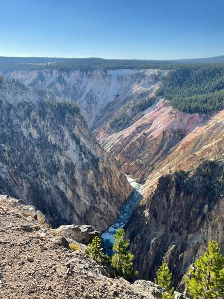 A dramatic view of a river running through a deep canyon, lined with steep, multi-colored rock formations, viewed from a cliffside.