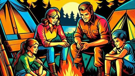 a family sitting around the campfire