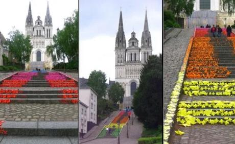 Multi-coloured origami artwork on stairs