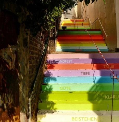 Multicoloured artwork on stairs