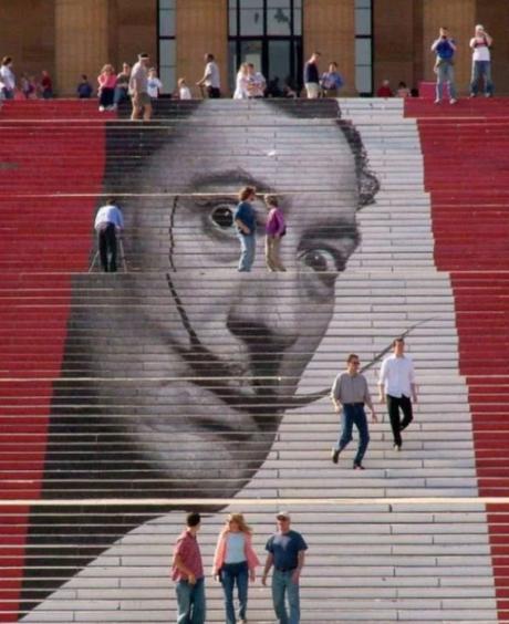 Salvador Dali inspired artwork on stairs