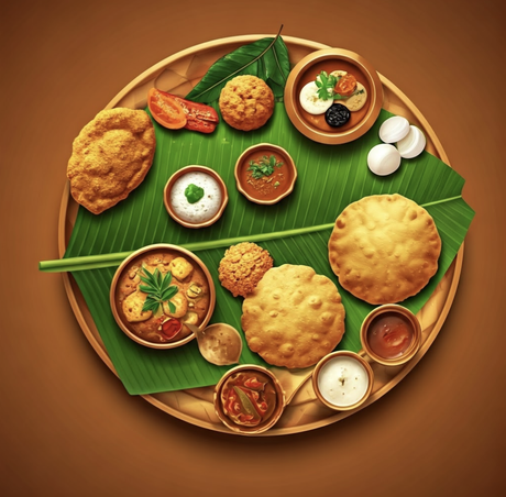 Traditional Kerala lunch spread with assorted dishes on a banana leaf