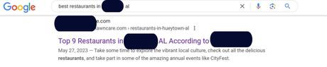 Our landscaping client's review of local restaurants appearing in Google search results