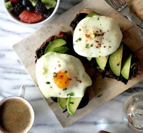 Olive Oil Poached Eggs on Avocado and Braised Kale Toast