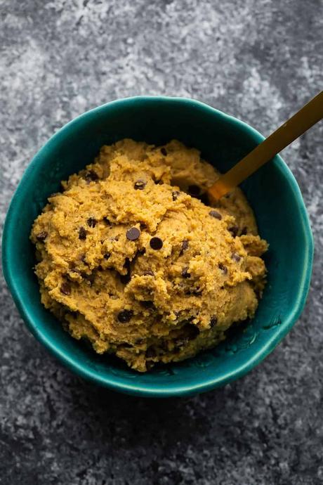 Chickpea Cookie Dough served blue bowl