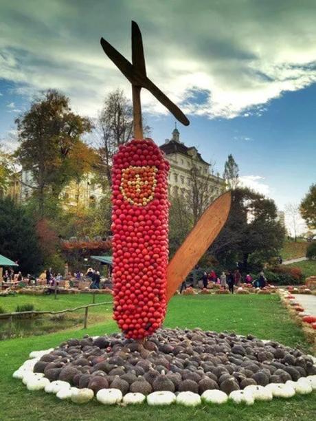 Swiss army knife art installation made of pumpkins