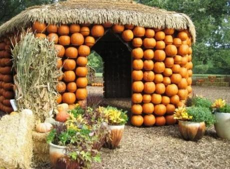 Hut art installation made of pumpkins