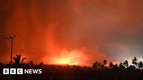 Footage shows houses burned and damaged by the rain of rocks