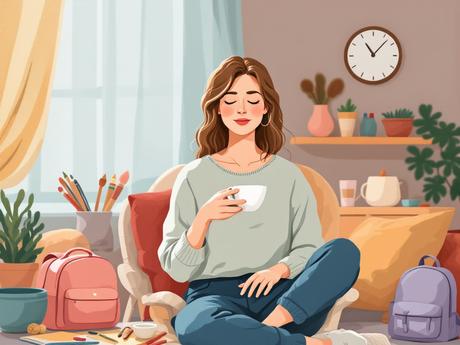 Serene illustration of a woman in her 30s enjoying a peaceful moment with a cup of tea, surrounded by subtle symbols of busy family life including a school backpack and art supplies.