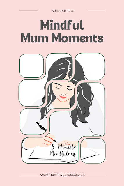 Pinterest Pin featuring a serene woman practicing mindfulness, with text '5-Minute Mindfulness Tricks for Busy Mums' and 'Mummy Burgess' logo, using a soft color palette