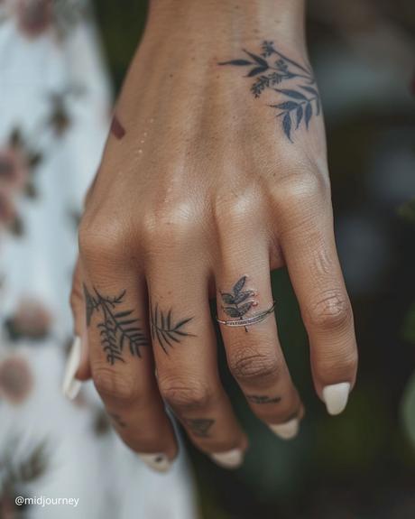 wedding ring tatoos hand with tattoo in the form of a leaf floral motifs on the ring finger instead of a ring midjourney