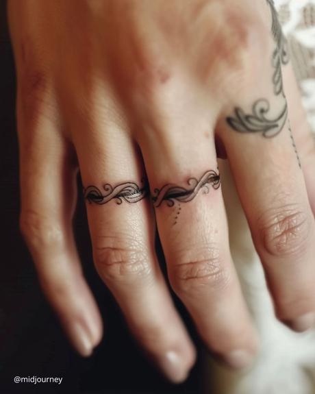 wedding ring tatoos two tattoos on the fingers in the form of a ring with a plant ornament midjourney