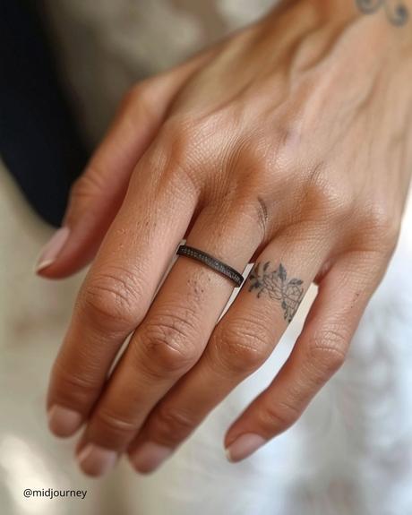 wedding ring tatoos combination of wedding black metal ring and flower tatoo on finger ring midjourney